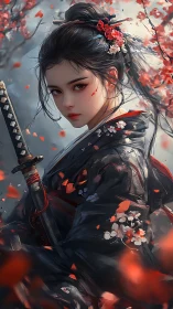 Samurai woman grips katana amid drifting red blossoms