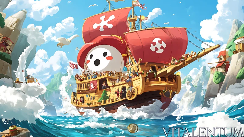 Cartoon pirate ship sails through bright coastal seascape