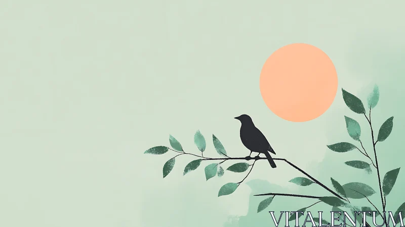 Minimalist bird silhouette on branch with pastel sunrise background.