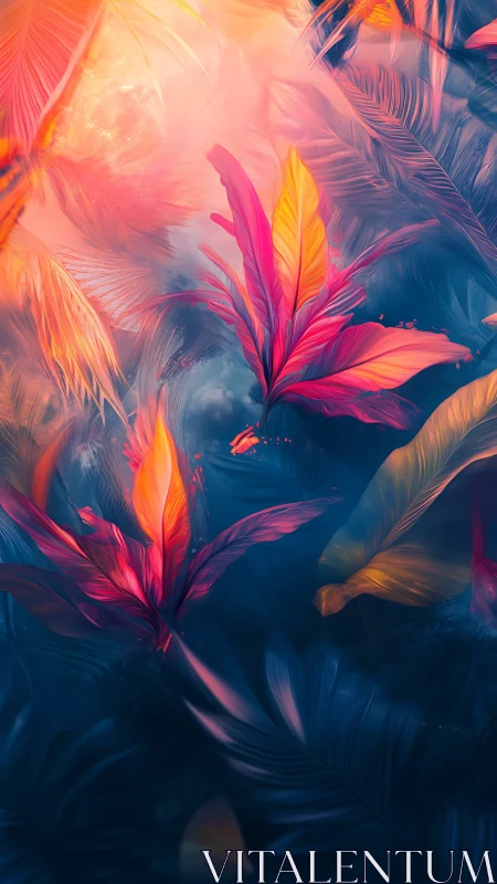 Digital tropical foliage composition contrasts warm and cool tones