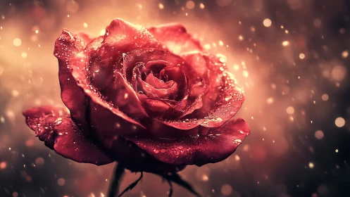Red Rose with Dew Droplets Against Warm Bokeh Background.