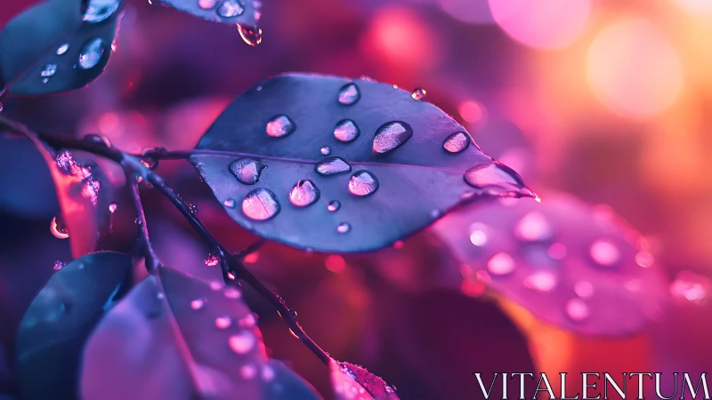 Iridescent raindrops rest on neon leaves at twilight