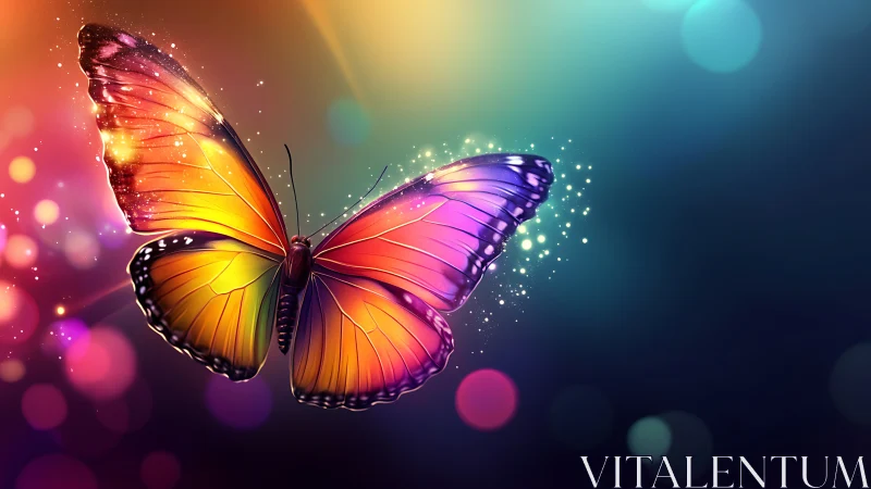 Luminous rainbow butterfly drifts through a sparkling dusk sky