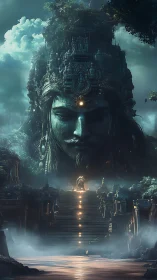 Mystic mountain temple and luminous guardian spirit watching.