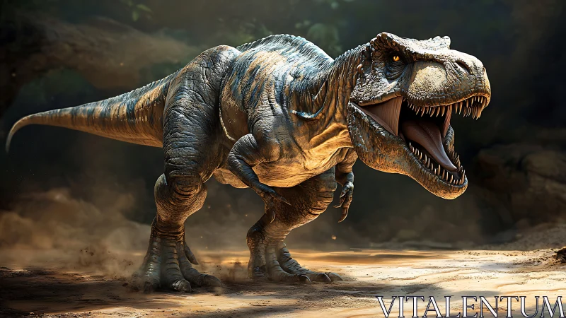 Roaring T. rex strides across dusty prehistoric forest floor.