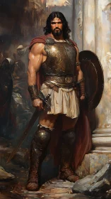 Heroic hoplite warrior in bronze cuirass and crimson cloak.