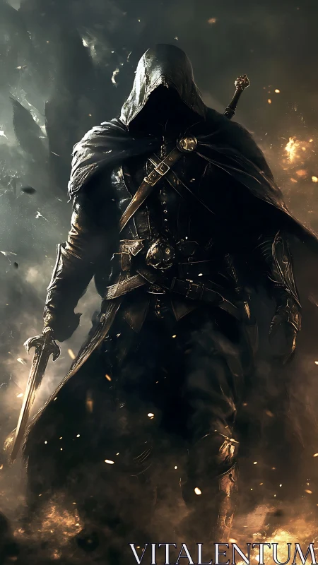 Hooded armored warrior walking through fire and ash.