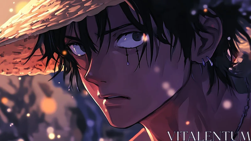 Anime portrait in warm backlight with emotional close-up focus.