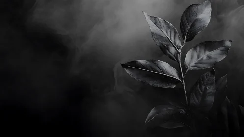 Black foliage silhouette against drifting monochrome mist.