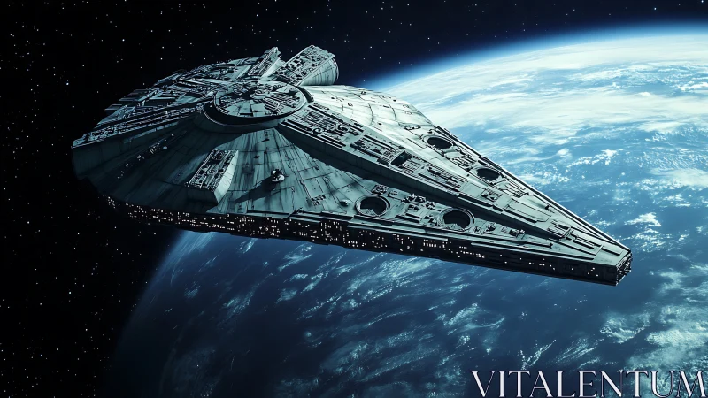 Starlit freighter drifting quietly above a blue Earth.