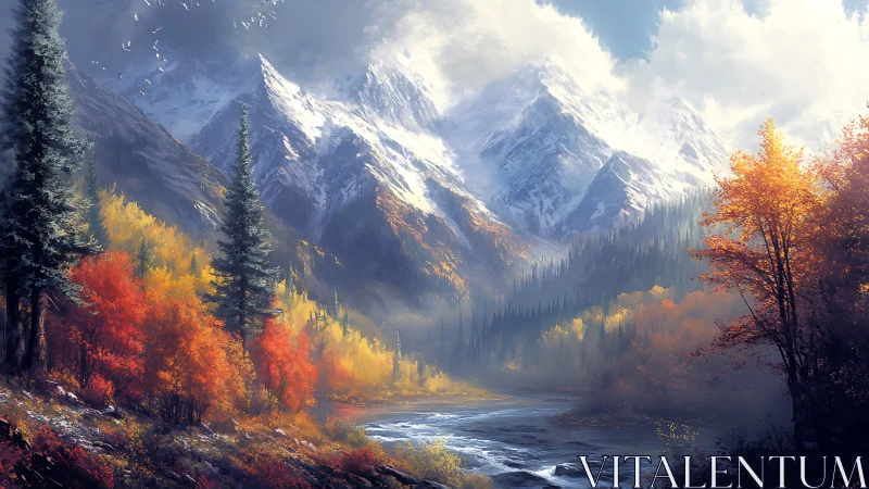 Golden autumn valley unfolds beneath towering snowy mountains