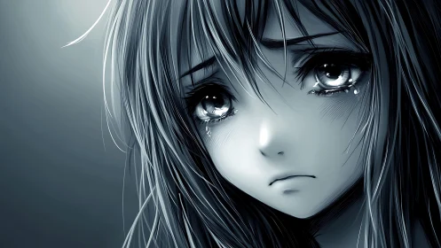 Sad anime girl close-up with teary eyes in grayscale art.