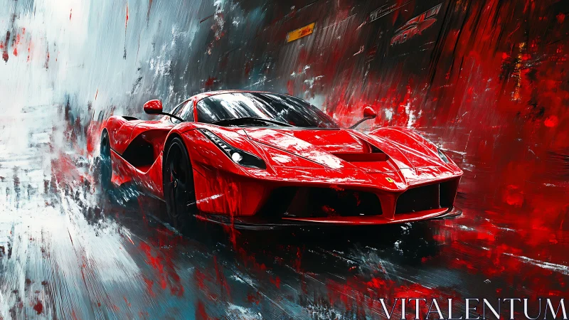 Red hypercar cuts through abstract storm of motion and light