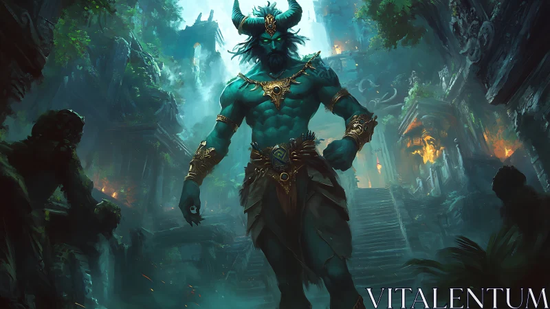Armored horned titan dominates misty overgrown temple ruins