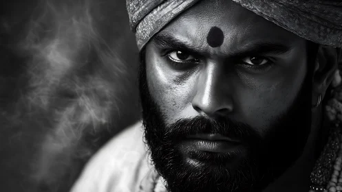 Storm-eyed mystic in monochrome smoke and shadow gaze.