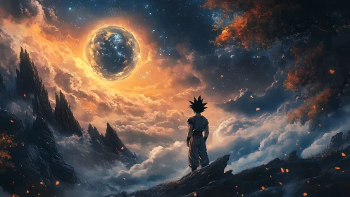 Lone warrior studies glowing celestial sphere over jagged peaks