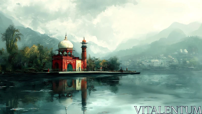 Lakeside domed pavilion with distant town and mountains.