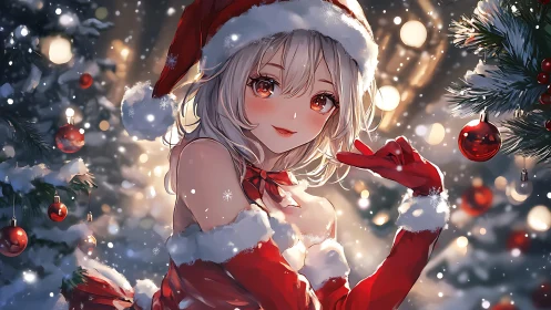 Anime holiday portrait with luminous bokeh and festive framing.