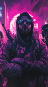 Neon-lit urban operative rendered with high-contrast cyberpunk lighting