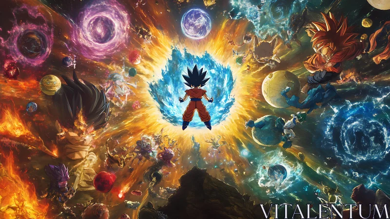 Anime cosmic battle panorama with radial energy composition.