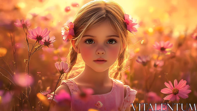 Young girl standing in glowing pink wildflower meadow.