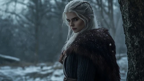 Photorealistic winter portrait with fur-clad fantasy warrior.