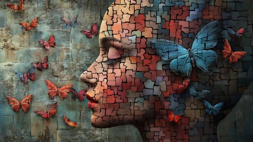 Puzzle-skin muse dreaming in a storm of bright butterflies.