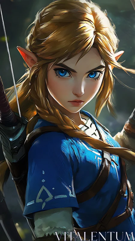 Elf archer poised for adventure in sunlit forest light.