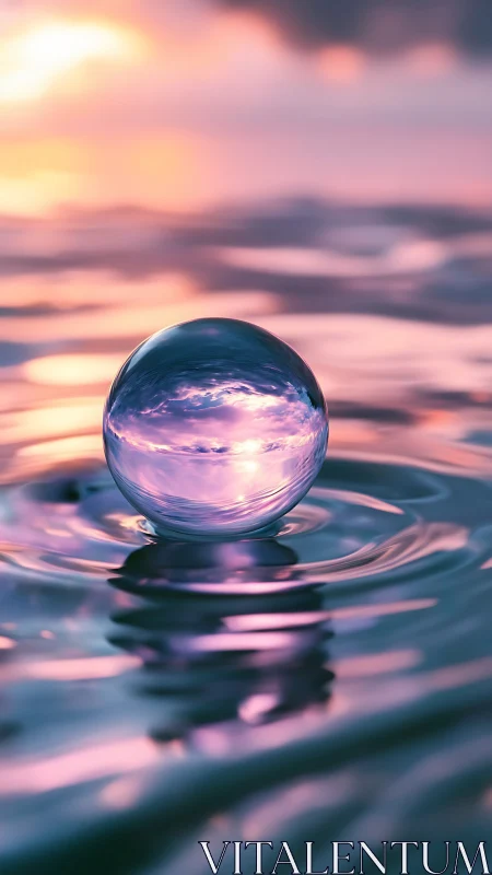 Dreamy crystal sphere resting on sunset rippled water.