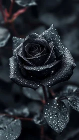 Black rose under dew-soaked petals glistens in darkness.