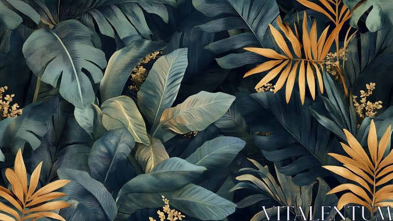 Tropical foliage pattern with teal leaves and gold fronds.
