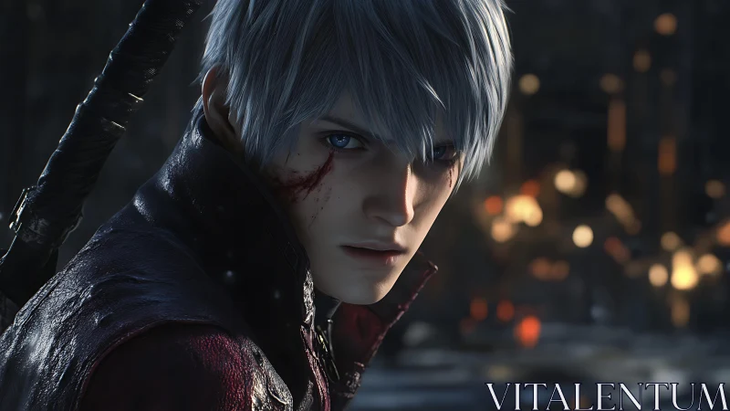 White haired character in leather jacket faces camera in dusk