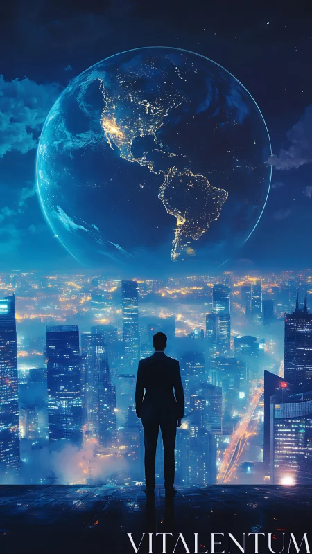 Silhouetted man surveys neon megacity beneath glowing Earth