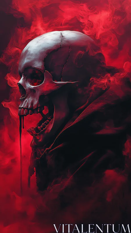 Bleeding skull in red smoke with dark hooded figure.