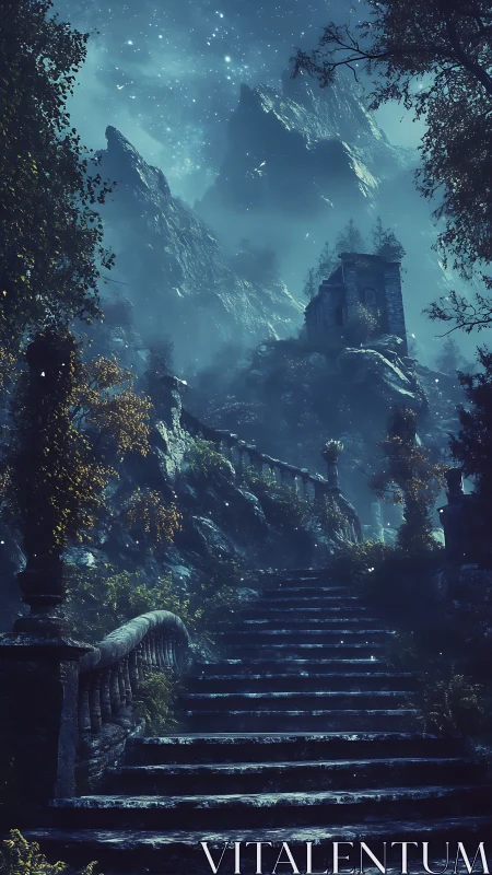 Moonlit stone stairway ascending to misty mountain ruin