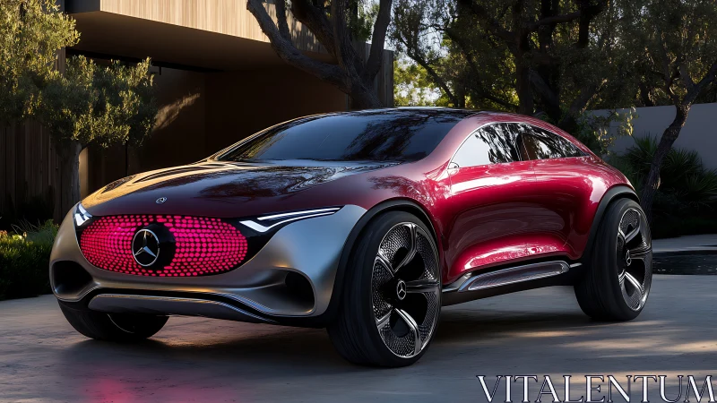 Futuristic crossover concept vehicle is parked in sunlight