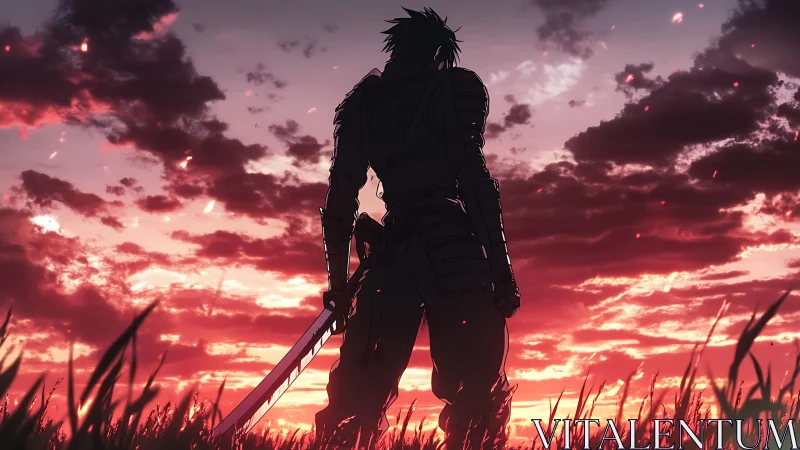 Silhouetted armored swordsman against volatile crimson sunset