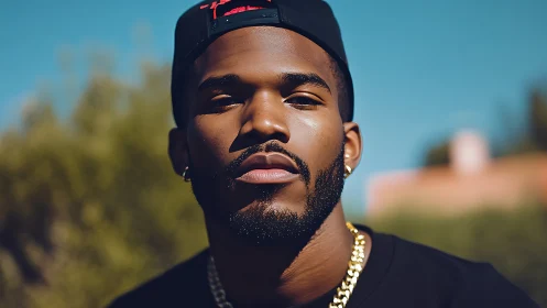 Sunlit urban portrait of confident man in black cap.