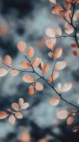 Branch shows pastel orange leaves against soft blue bokeh