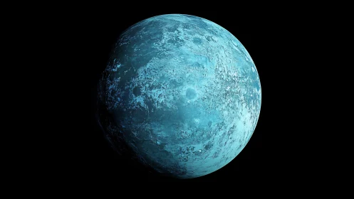 Icy blue planet sphere against deep black space background.