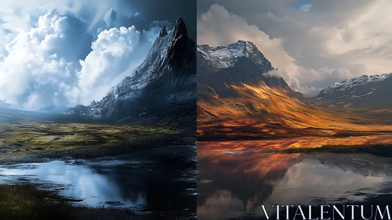 Contrasting mountain landscape in cold and warm light.