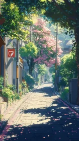 Sunlit residential alley lined with cherry trees in bloom