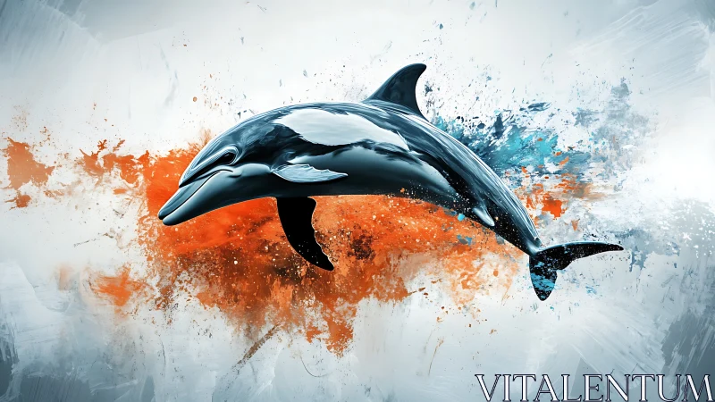 Dynamic dolphin study with abstract splatter composition.