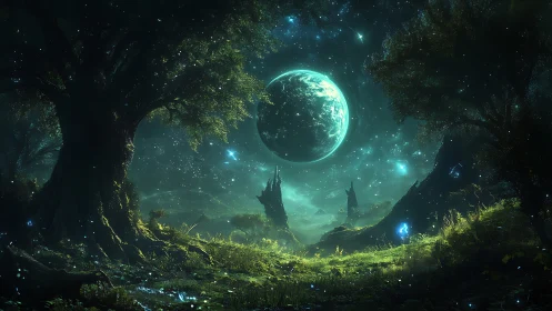 Moonlit alien forest dreaming beneath a luminous emerald sky.