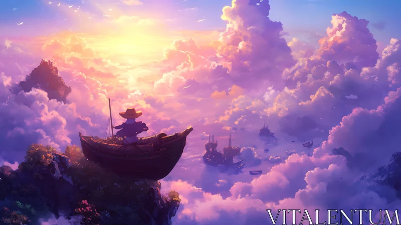 Wanderer in a skyboat gazing toward radiant cloud isles.