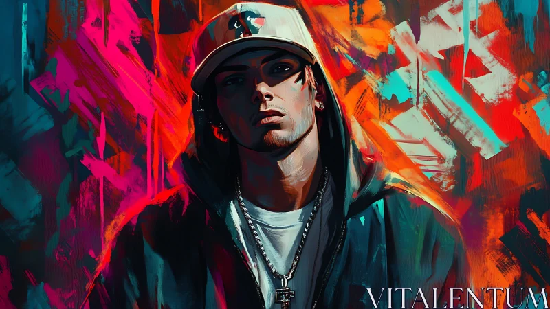 Urban portrait of hooded man against neon graffiti wall.