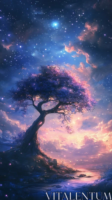 Celestial twilight tree beside luminous reflective riverbank.