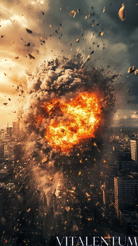 Fiery heart-shaped blast rising above the restless city sky.