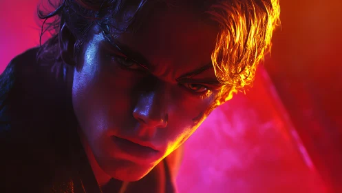 Intense cyberpunk portrait under neon orange magenta light.