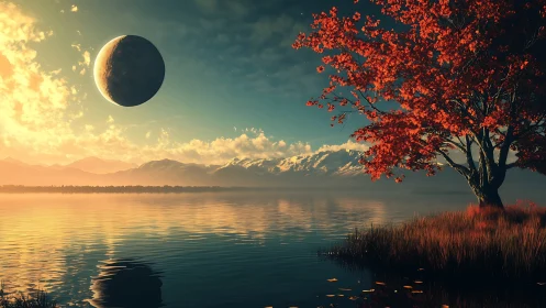 Autumn tree glows by tranquil lake beneath a looming moon
